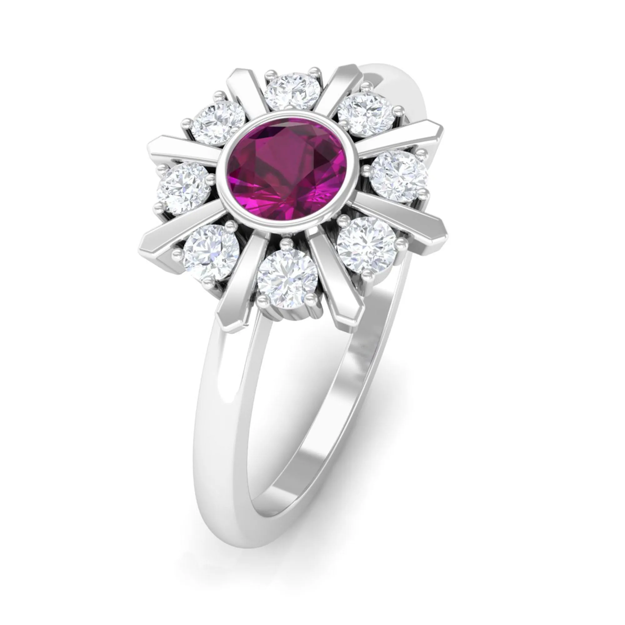 0.75 CT Real Rhodolite Statement Ring with Diamond Stones