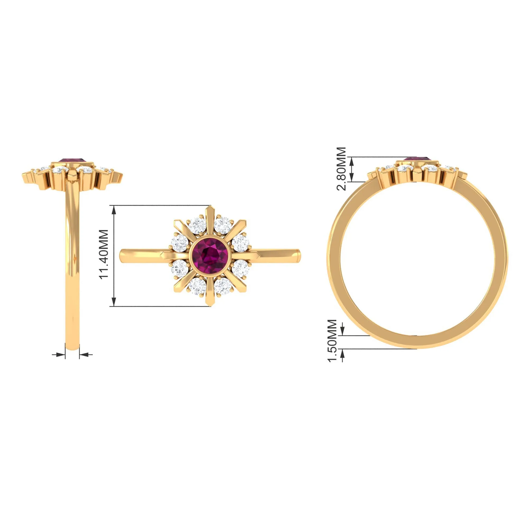 0.75 CT Real Rhodolite Statement Ring with Diamond Stones