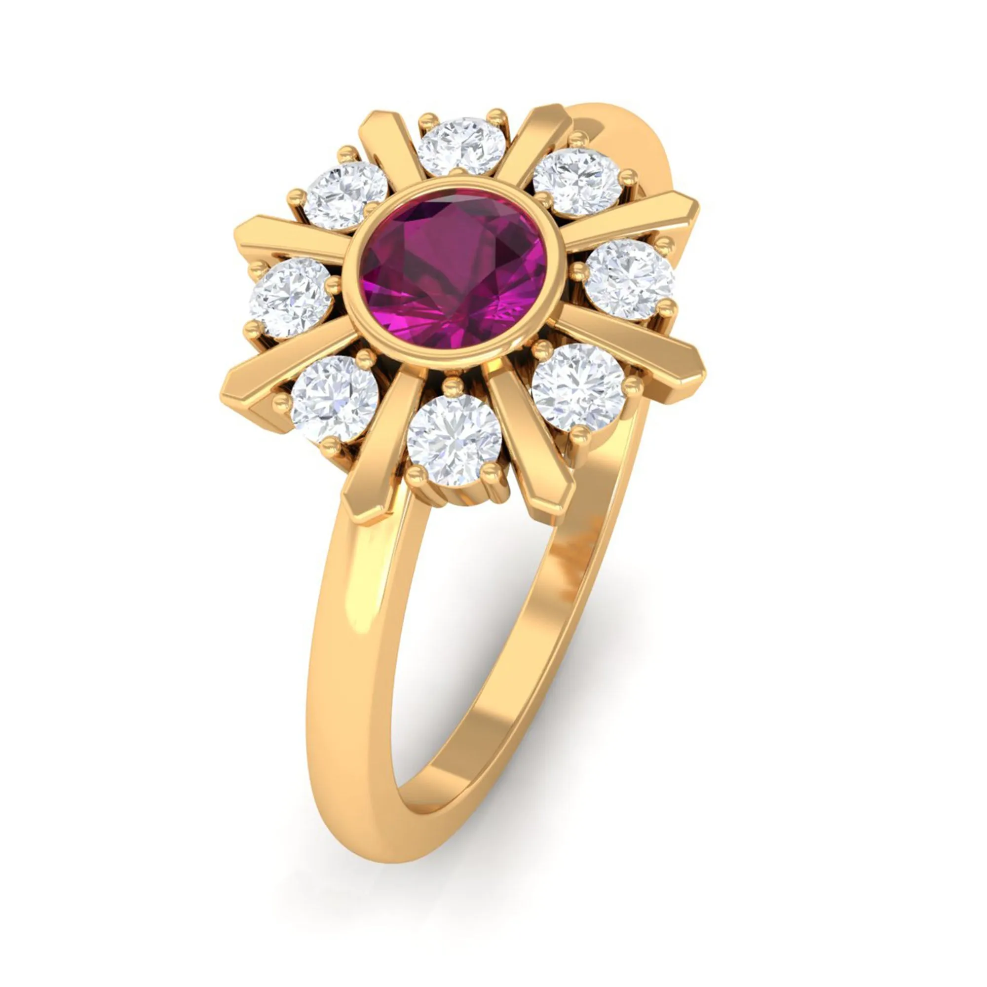 0.75 CT Real Rhodolite Statement Ring with Diamond Stones