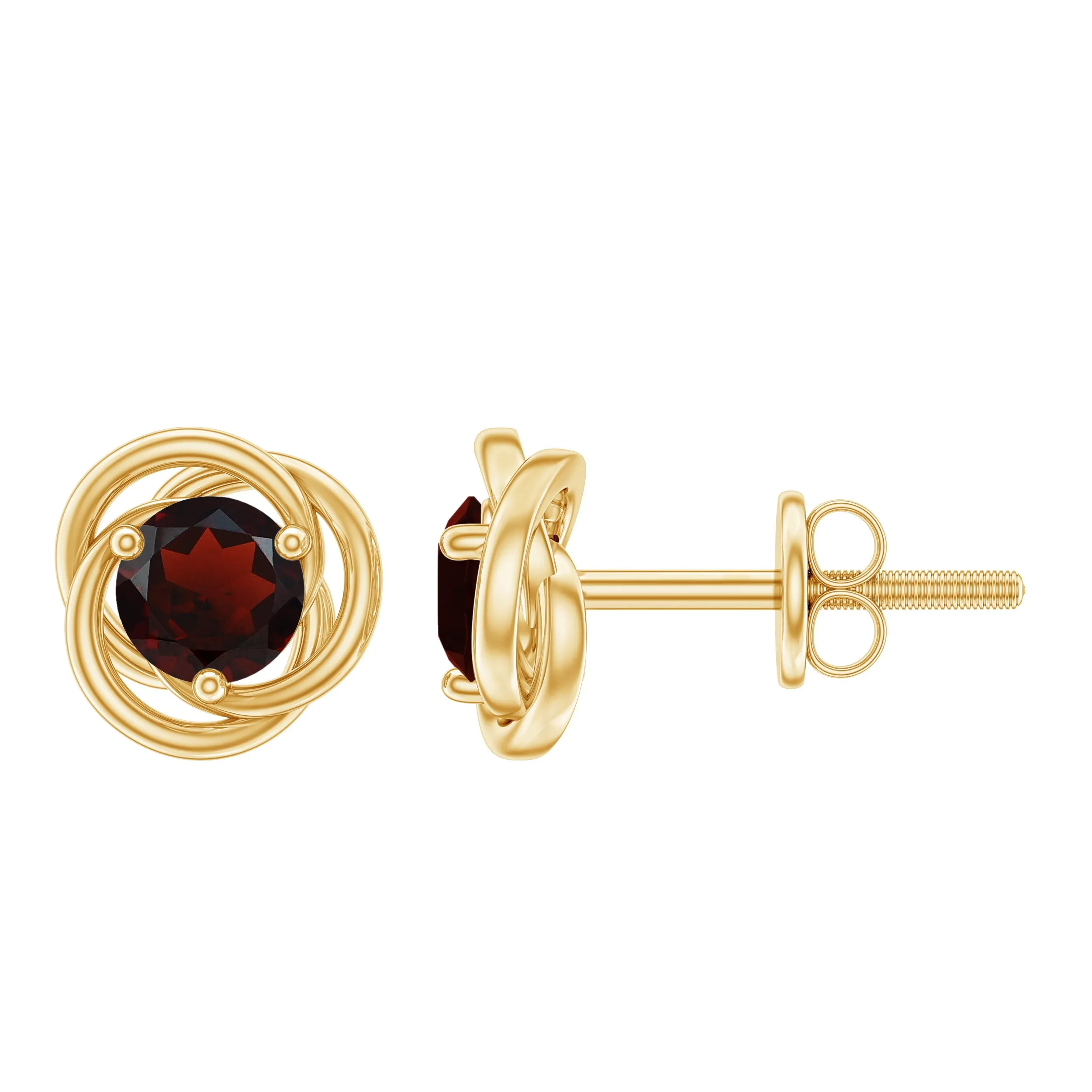 1.25 CT Solitaire Garnet and Gold Swirl Stud Earrings