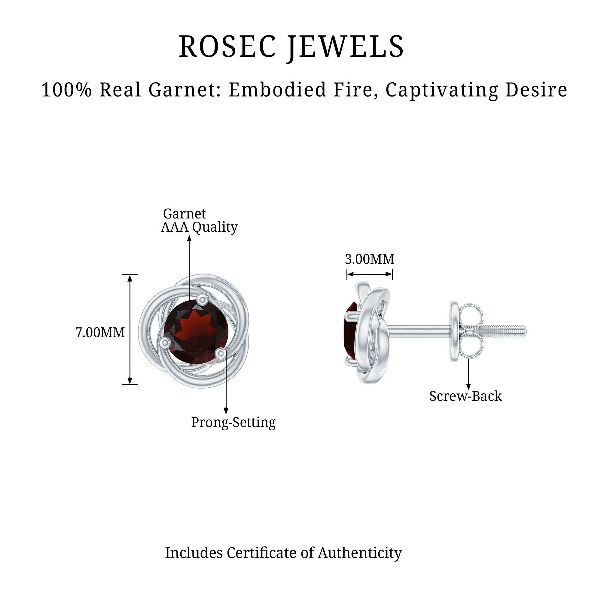 1.25 CT Solitaire Garnet and Gold Swirl Stud Earrings