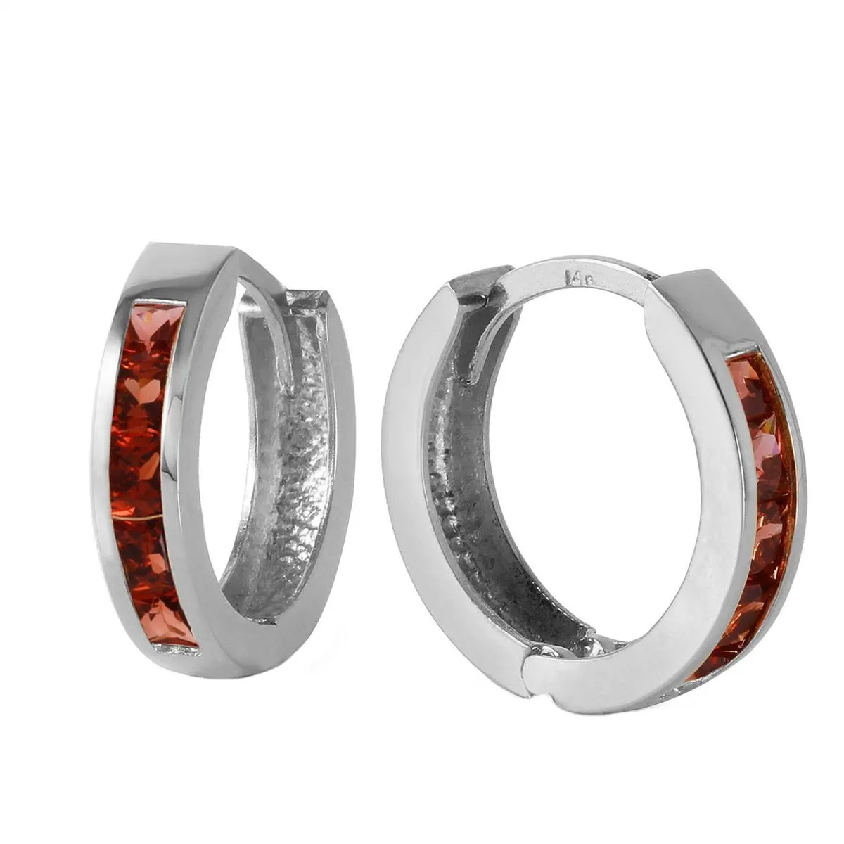 1.3 Carat 14K Solid White Gold Hoop Huggie Earrings Garnet
