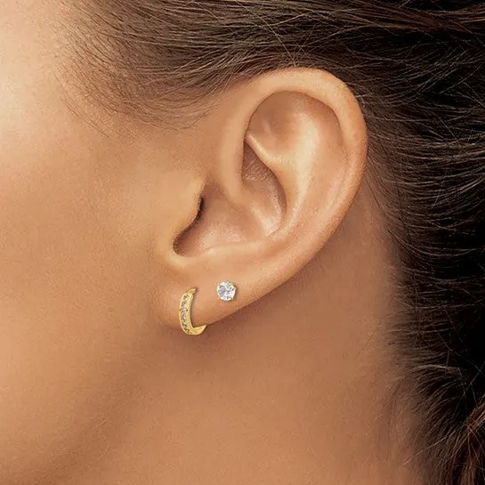 14K Gold 5mm CZ Studs and Huggie Hoop Earrings Set