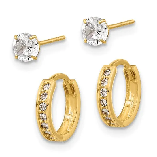 14K Gold 5mm CZ Studs and Huggie Hoop Earrings Set
