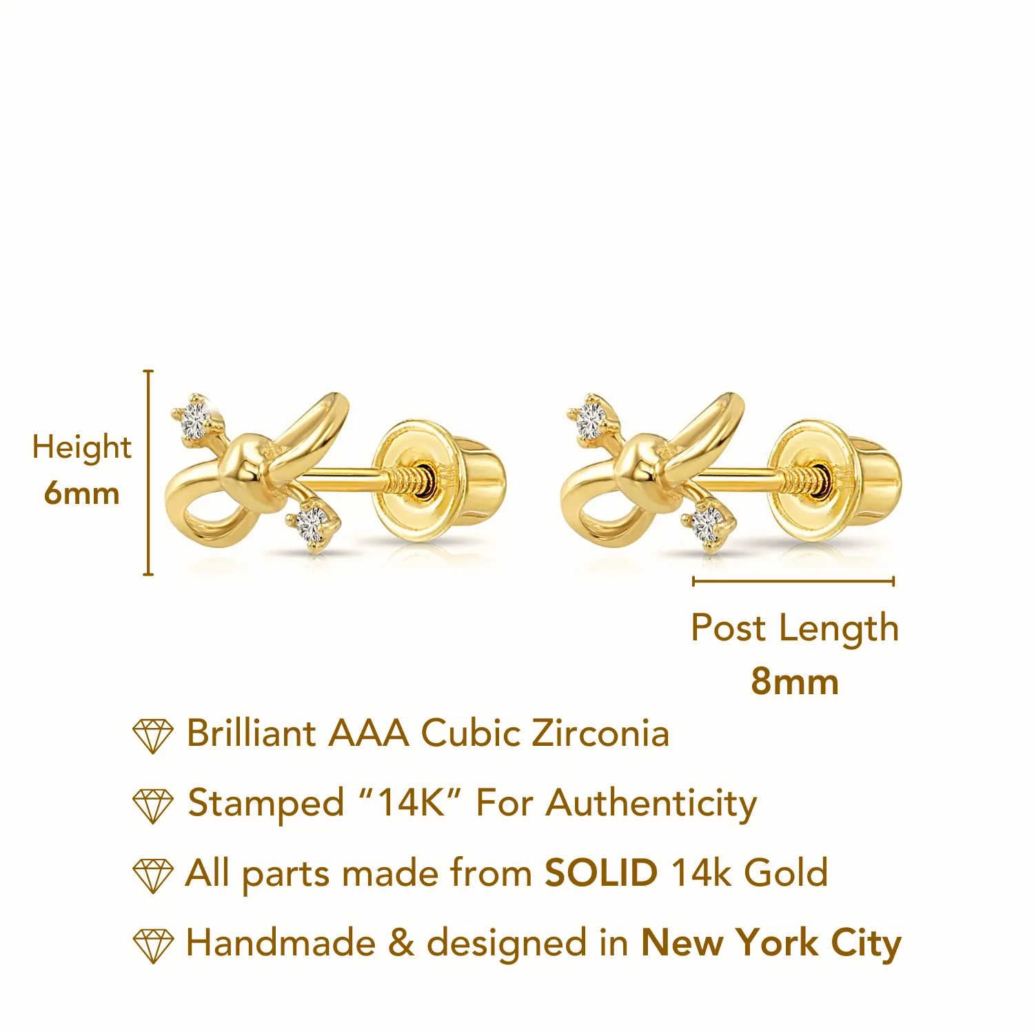 14k Solid Yellow Gold Ribbon Bow Studs, With Screw on Screwbacks