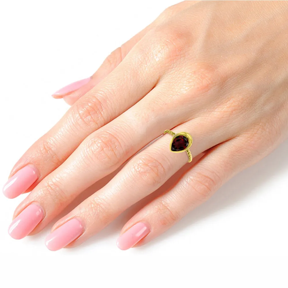 14K Solid Yellow Gold Rings w/ Natural Pear Shape Garnet