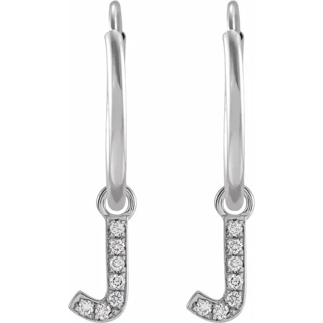 14K White Gold .025 CTW Natural Diamond Single Initial J Hoop Earring