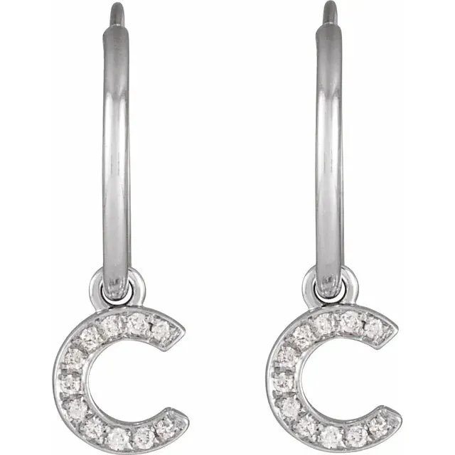 14K White Gold .04 CTW Natural Diamond Single Initial C Hoop Earring