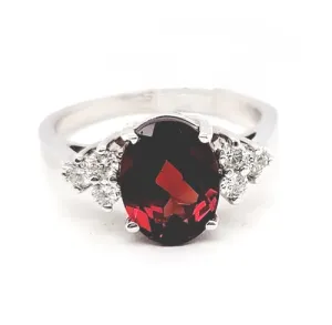 14k White Gold 9*7MM Garnet, 0.20Ct Diamond Ring