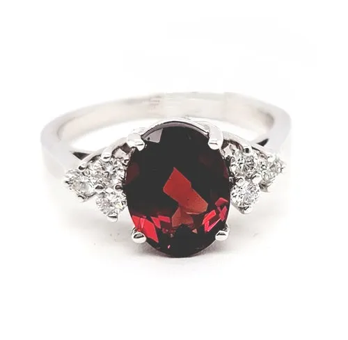 14k White Gold 9*7MM Garnet, 0.20Ct Diamond Ring
