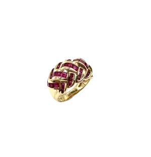 14k Yellow Gold Multi-Row Ring with Channel-Set Square Rubies