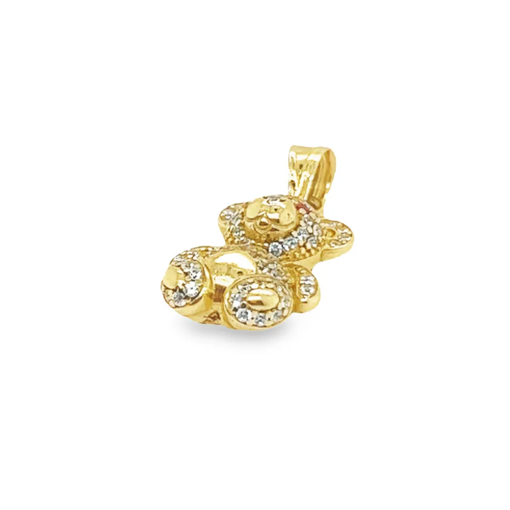 14k Yellow Gold Teddy Bear Pendant With White Sapphire and Ruby