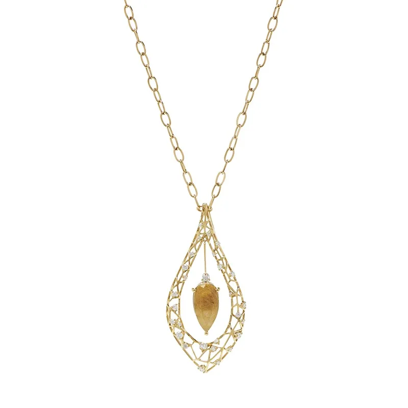 18k Estelar Yellow Gold Necklace With 0.75 Cts Vs-Gh Diamonds  And Quartz