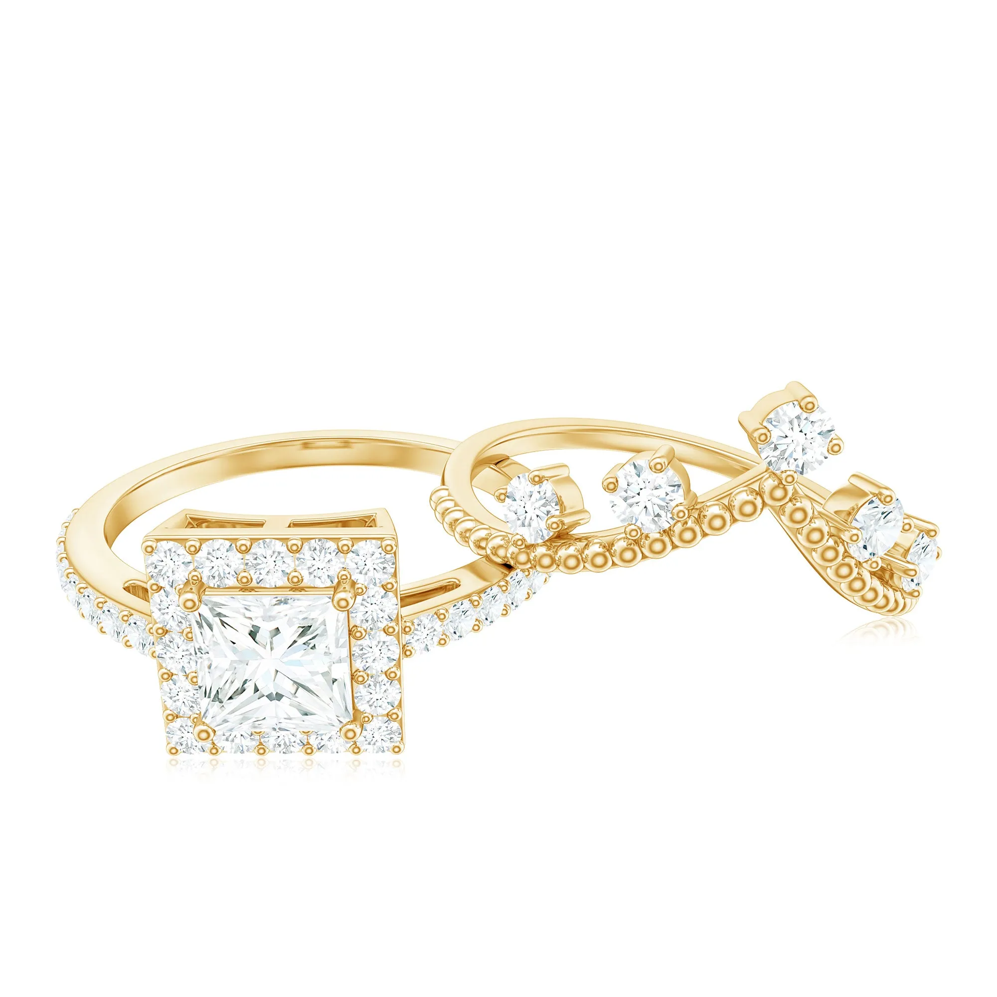 2.25 CT Princess Cut Moissanite Halo Wedding Ring Set