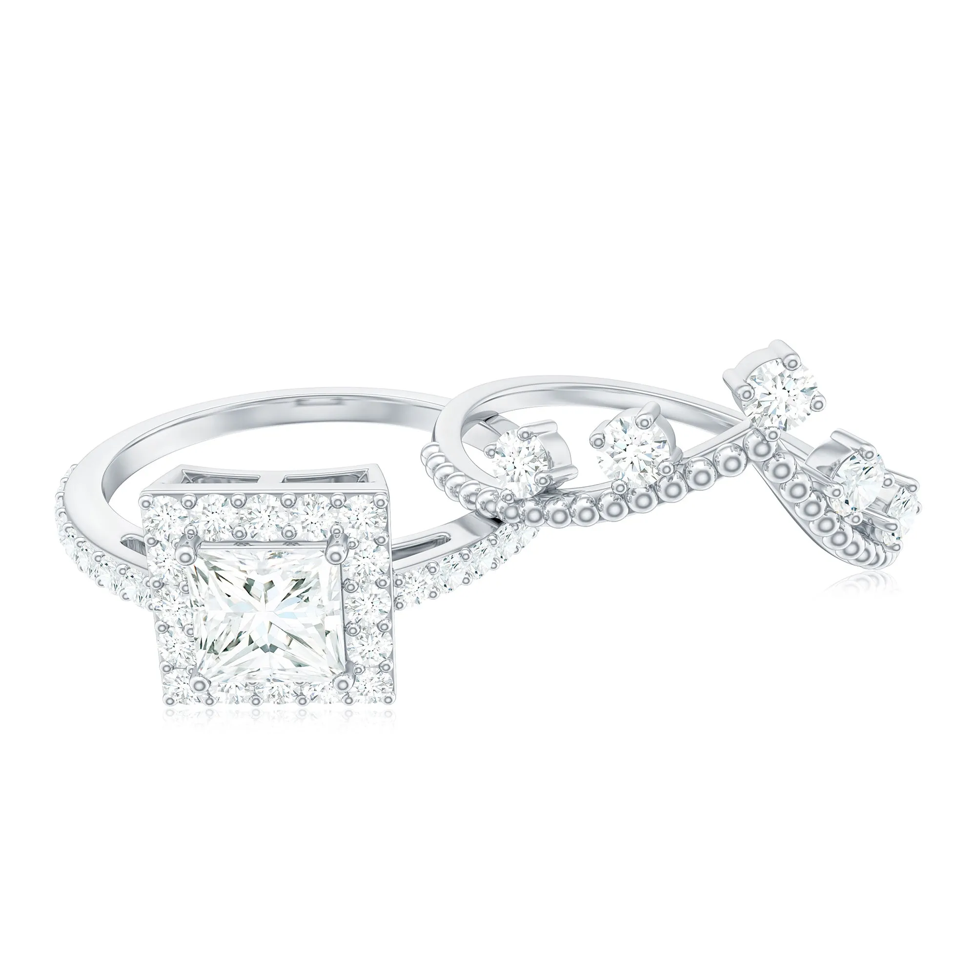 2.25 CT Princess Cut Moissanite Halo Wedding Ring Set
