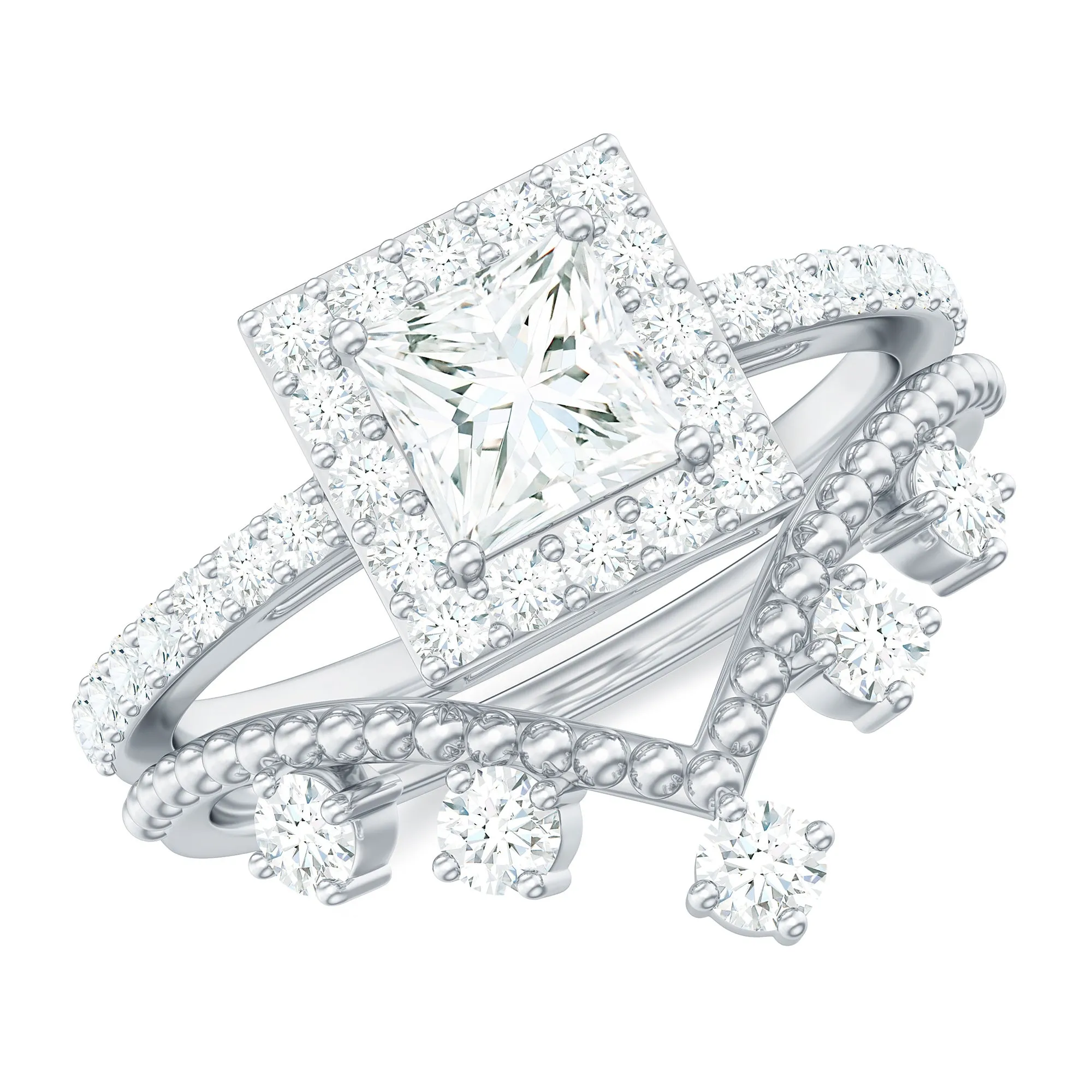 2.25 CT Princess Cut Moissanite Halo Wedding Ring Set