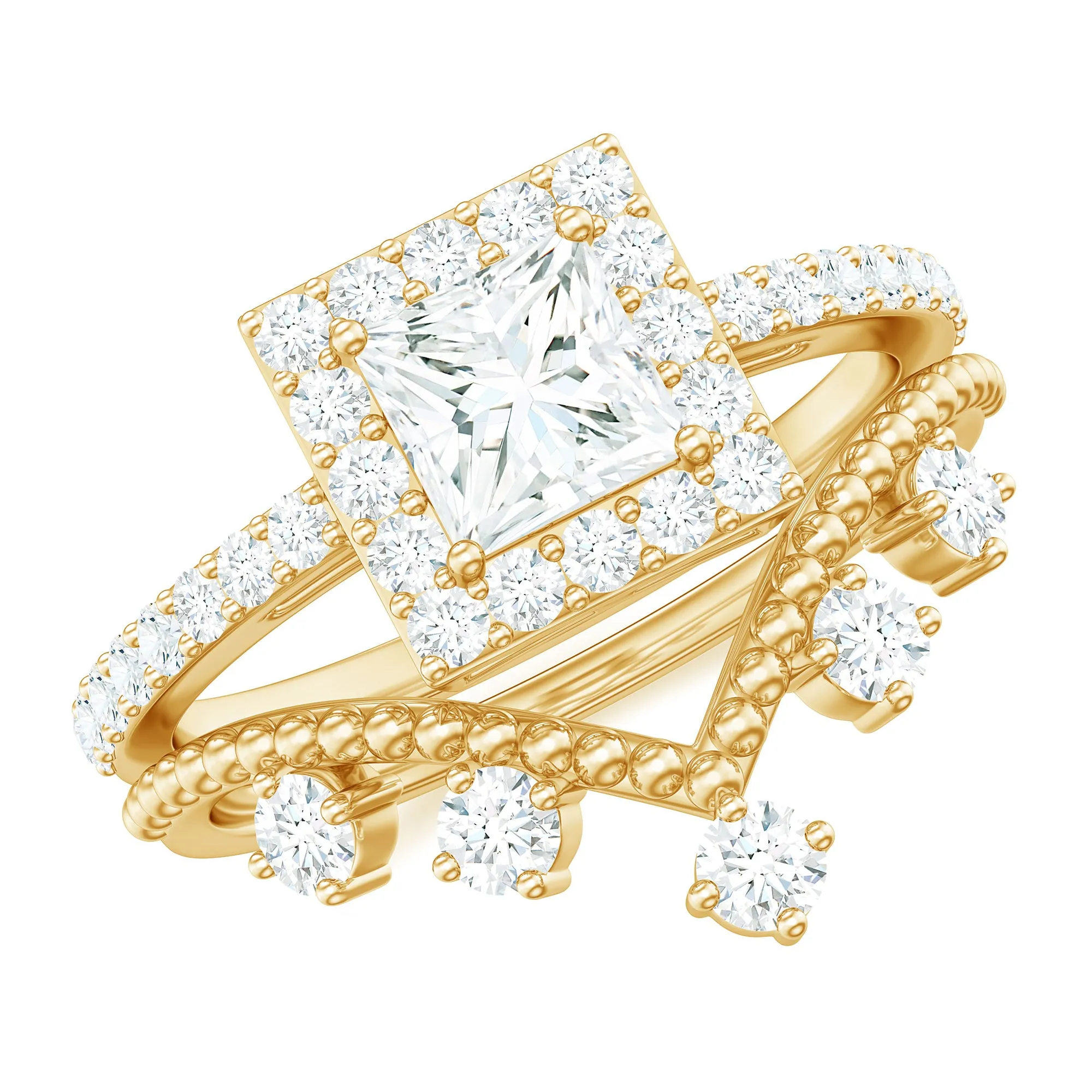 2.25 CT Princess Cut Moissanite Halo Wedding Ring Set