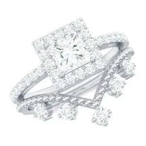 2.25 CT Princess Cut Moissanite Halo Wedding Ring Set