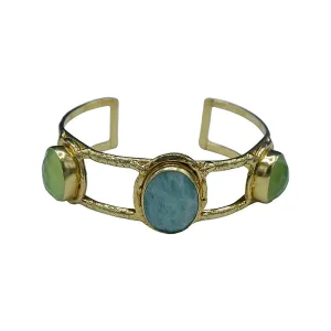 254-AMA-G | 3 STONE AMAZONITE & LIME QUARTZ CUFF ON GOLD