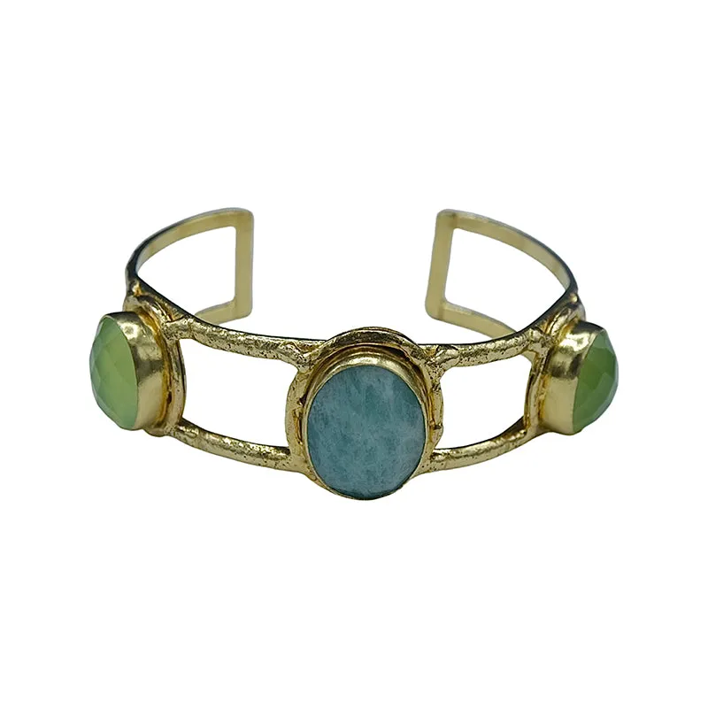 254-AMA-G | 3 STONE AMAZONITE & LIME QUARTZ CUFF ON GOLD