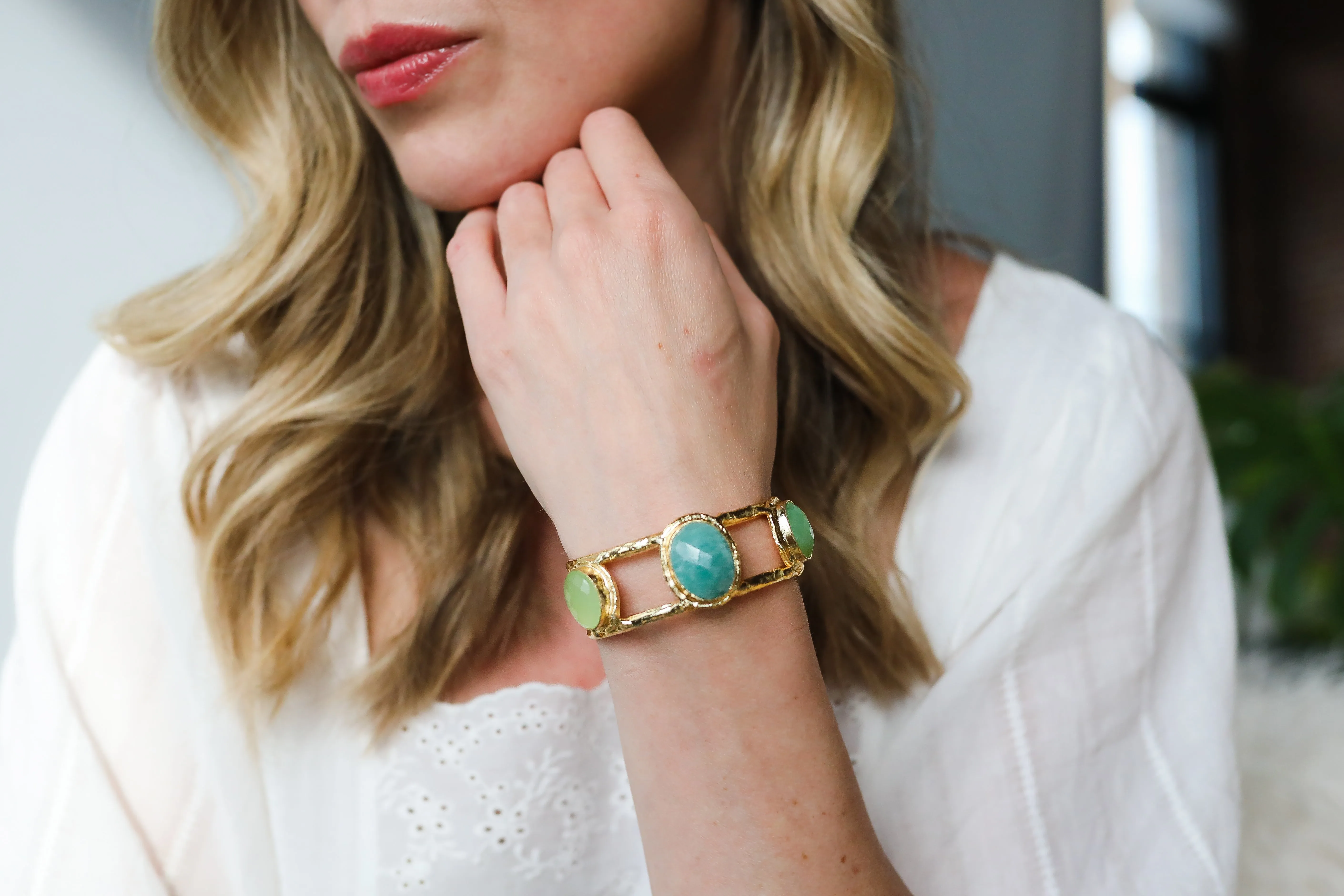 254-AMA-G | 3 STONE AMAZONITE & LIME QUARTZ CUFF ON GOLD