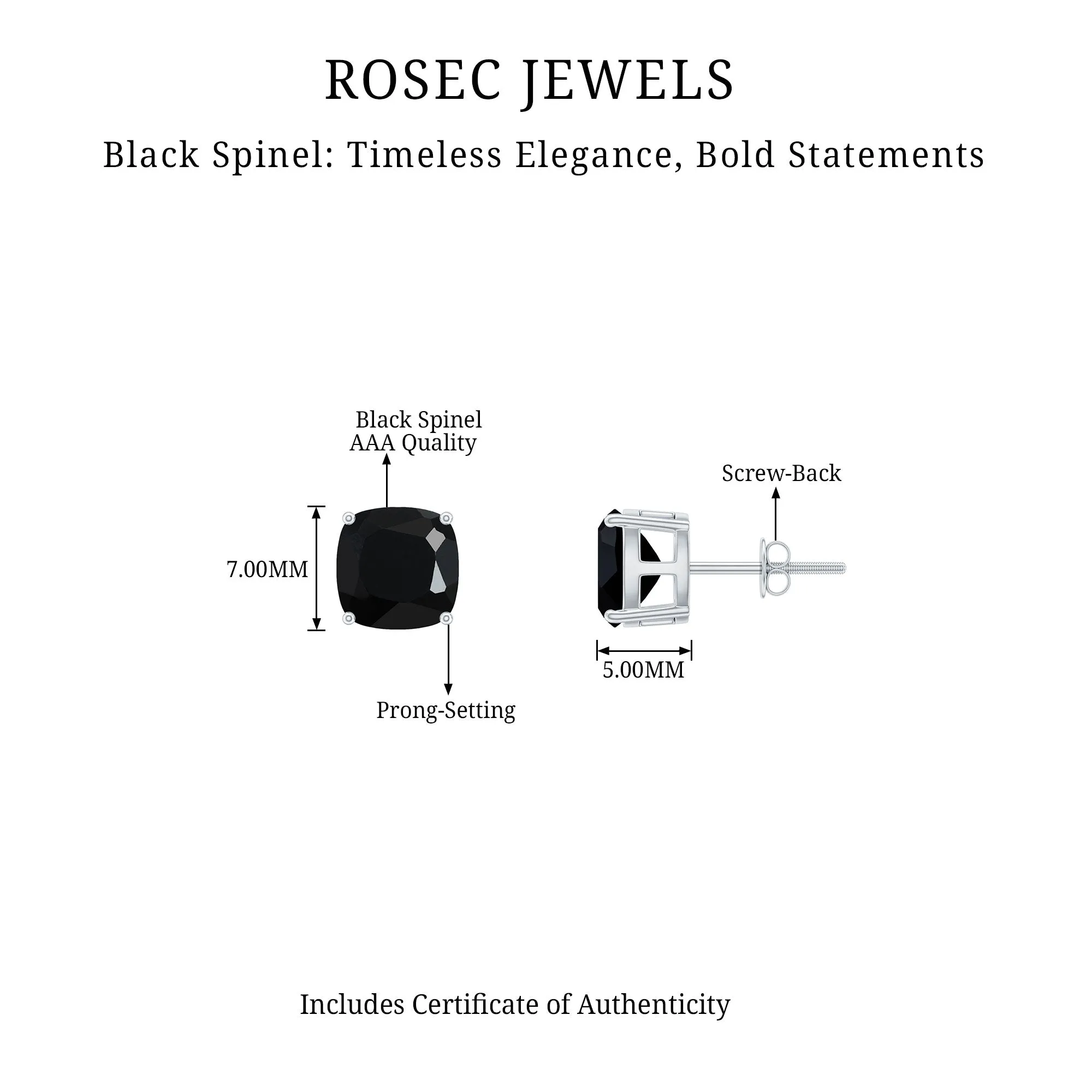2.75 CT Cushion Cut Black Spinel Solitaire Stud Earrings