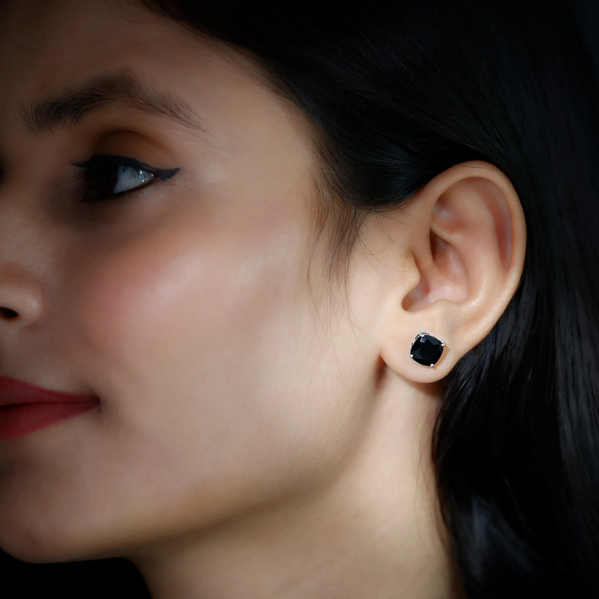 2.75 CT Cushion Cut Black Spinel Solitaire Stud Earrings