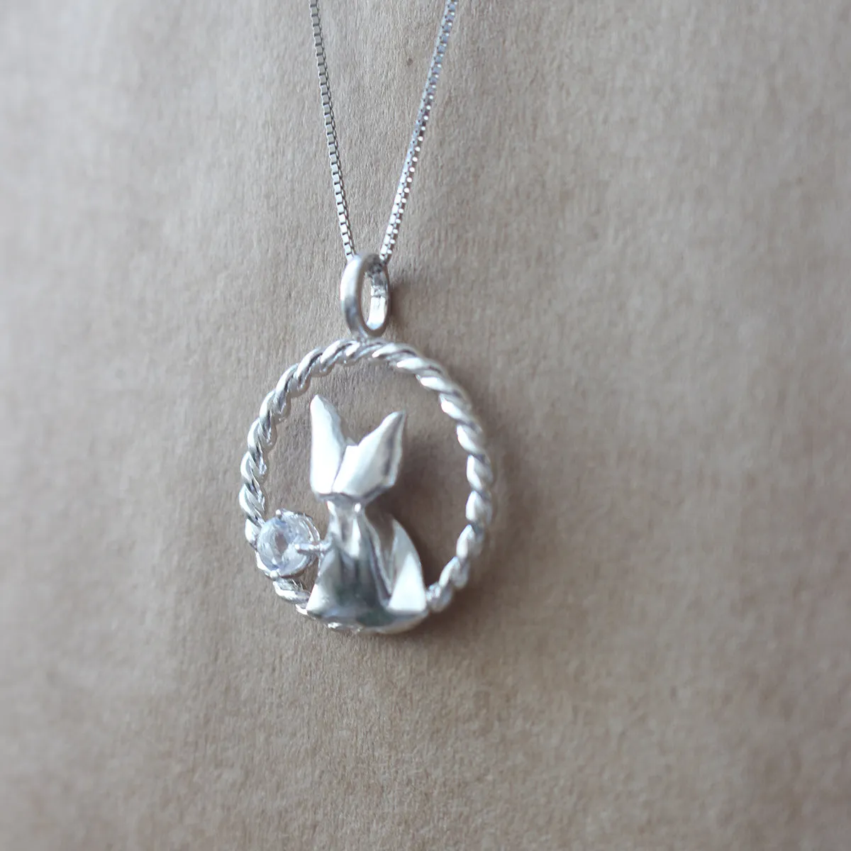 925 Silver Origami Cat and Moonstone Necklace