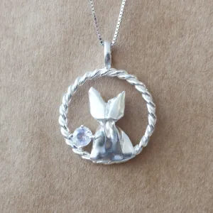 925 Silver Origami Cat and Moonstone Necklace