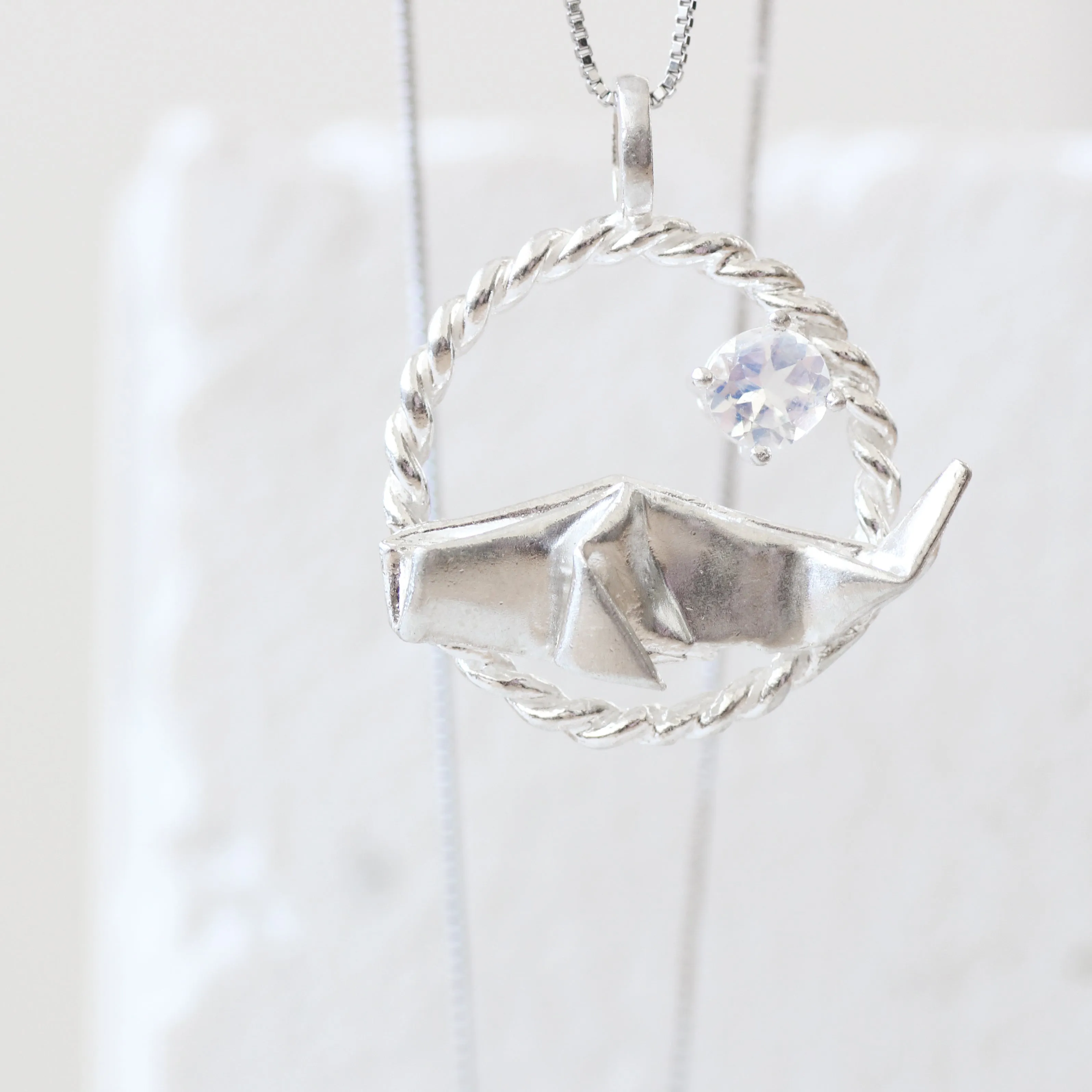 925 Silver Origami Whale with Moonstone Necklace