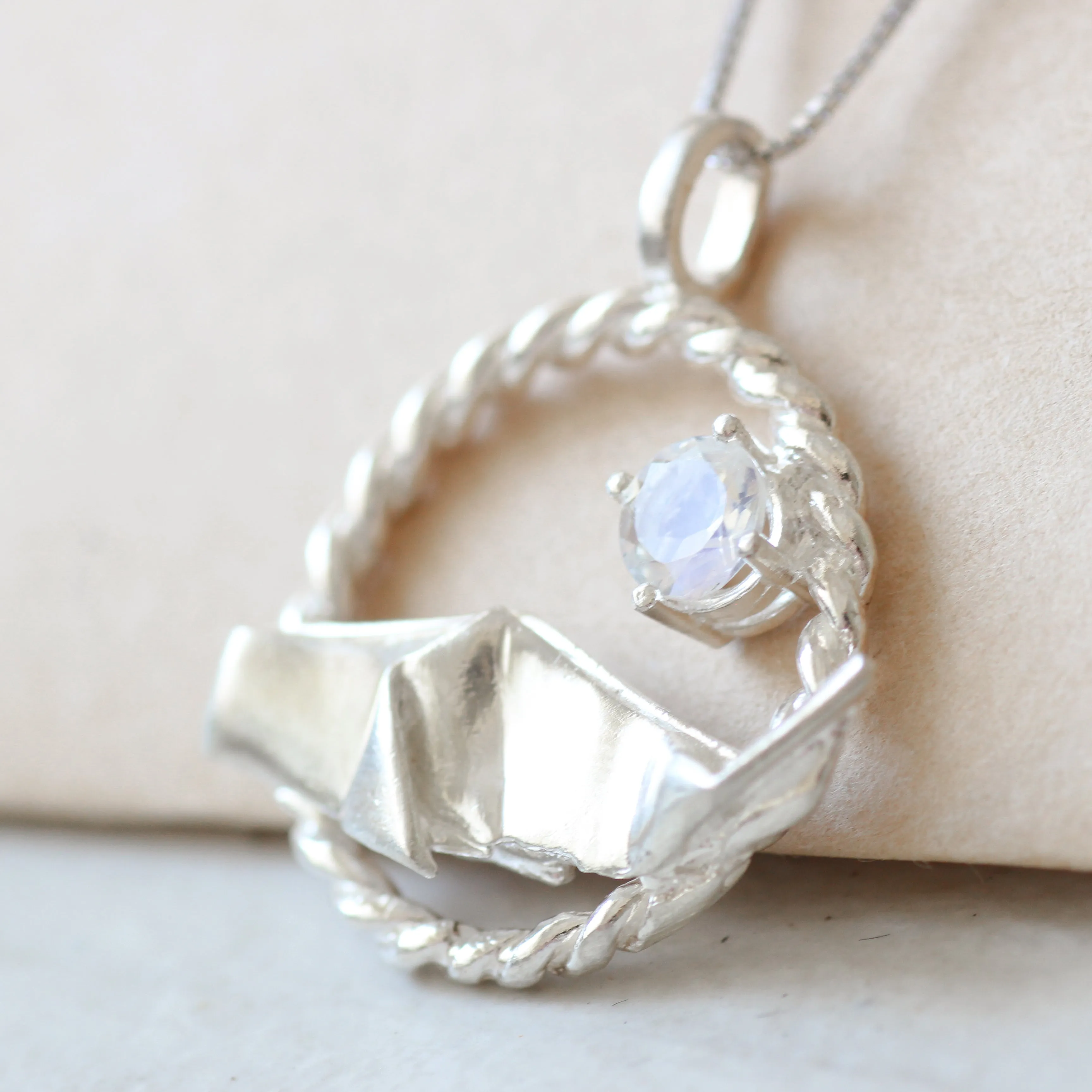 925 Silver Origami Whale with Moonstone Necklace