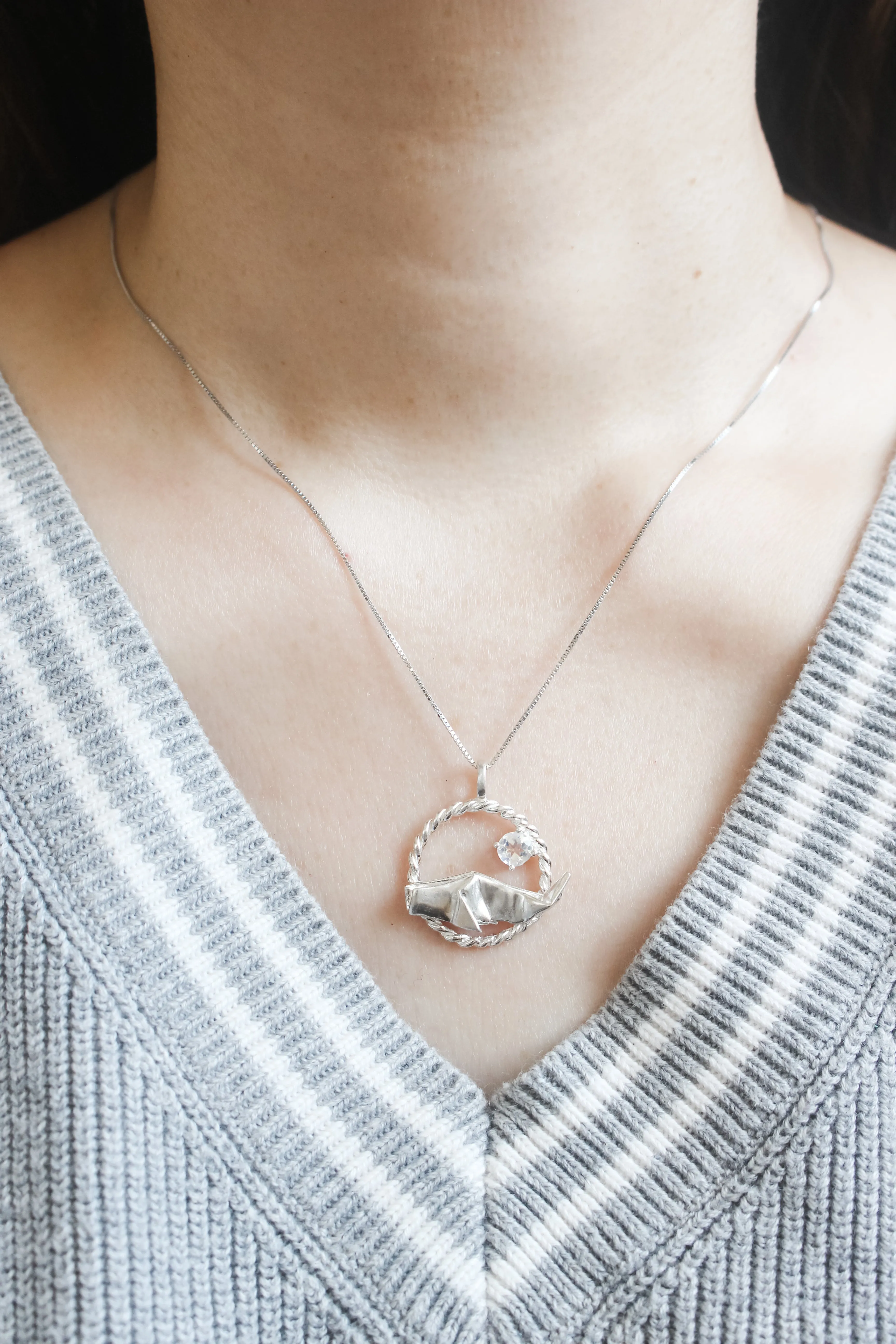 925 Silver Origami Whale with Moonstone Necklace