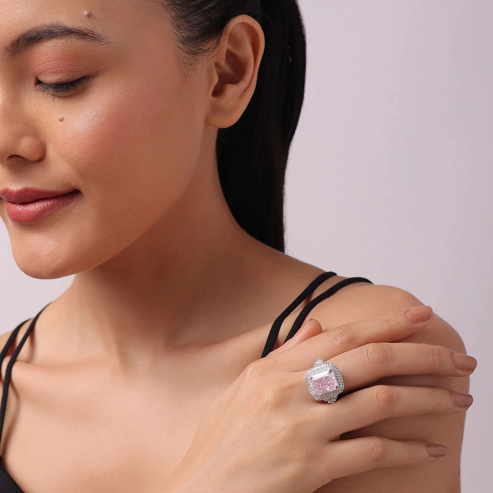 92.5 Sterling Silver Ring with Pink Stone And Faux Diamonds