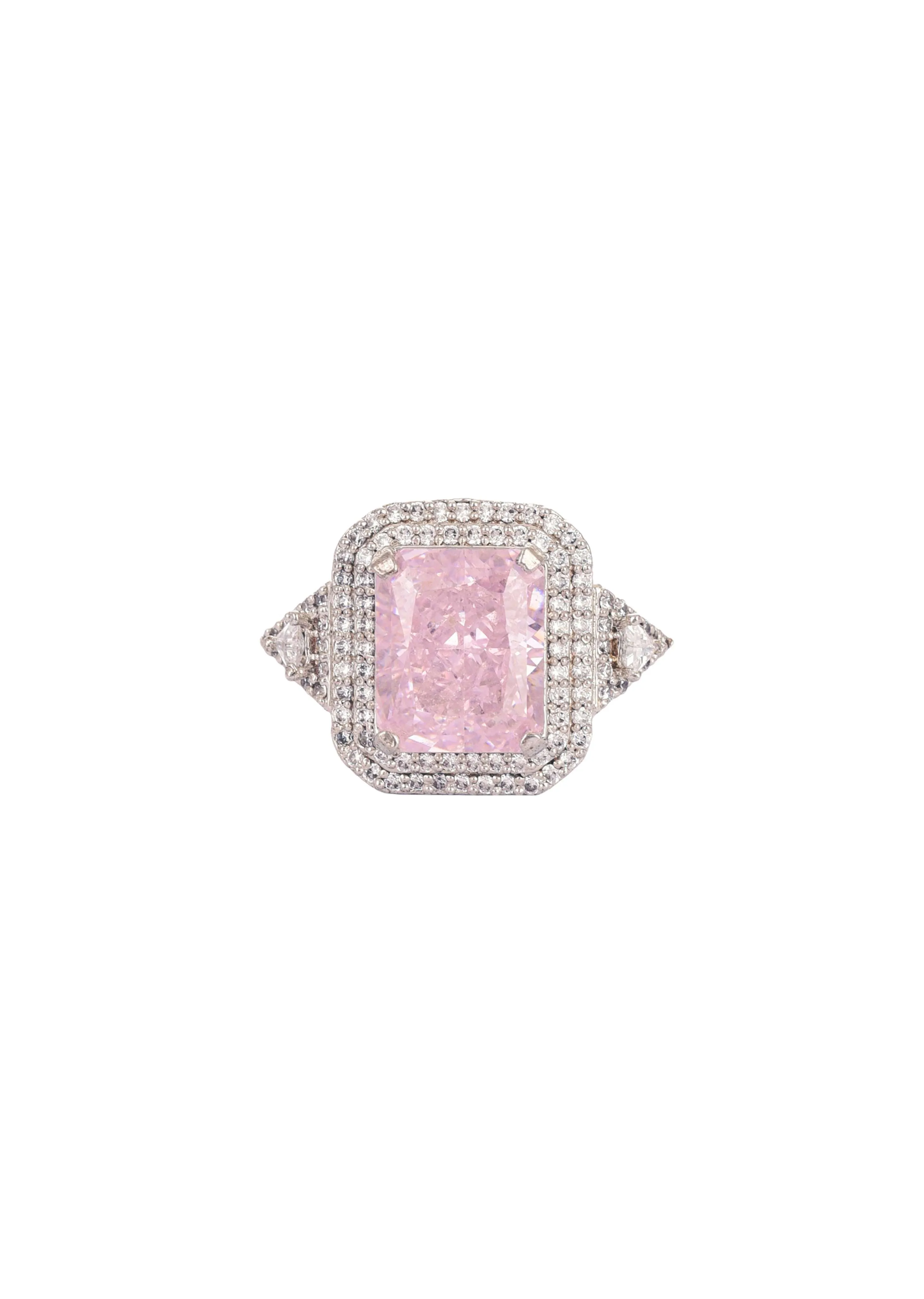 92.5 Sterling Silver Ring with Pink Stone And Faux Diamonds