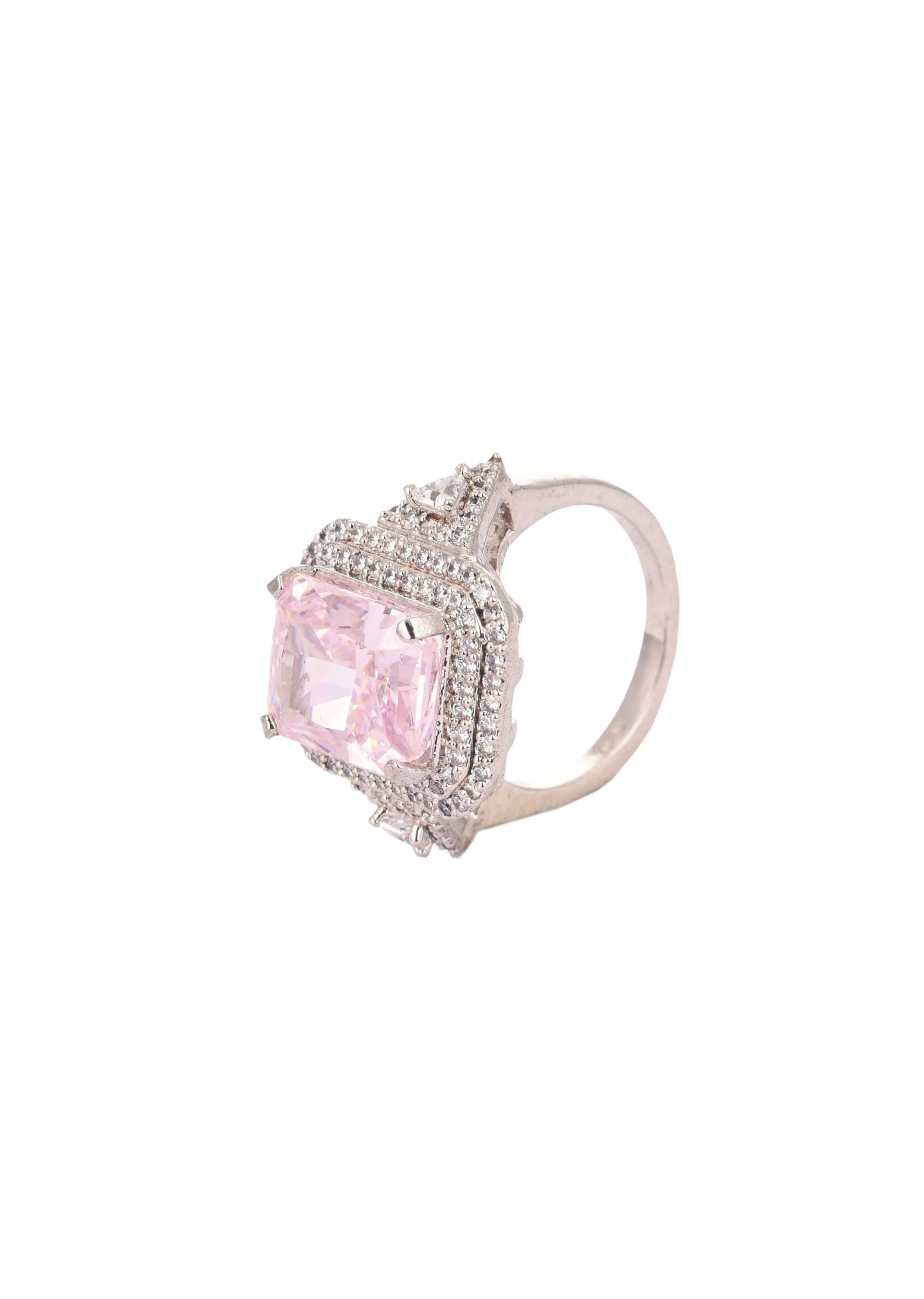92.5 Sterling Silver Ring with Pink Stone And Faux Diamonds