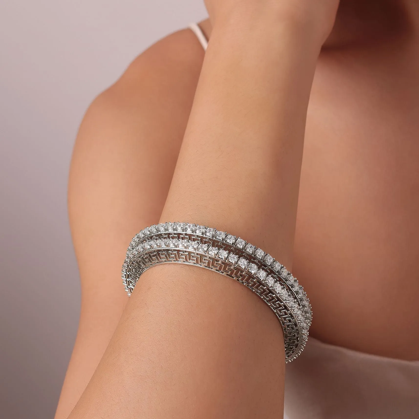 92.5 Sterling Silver Studded Bangles With Zirconia Stones Set of 2