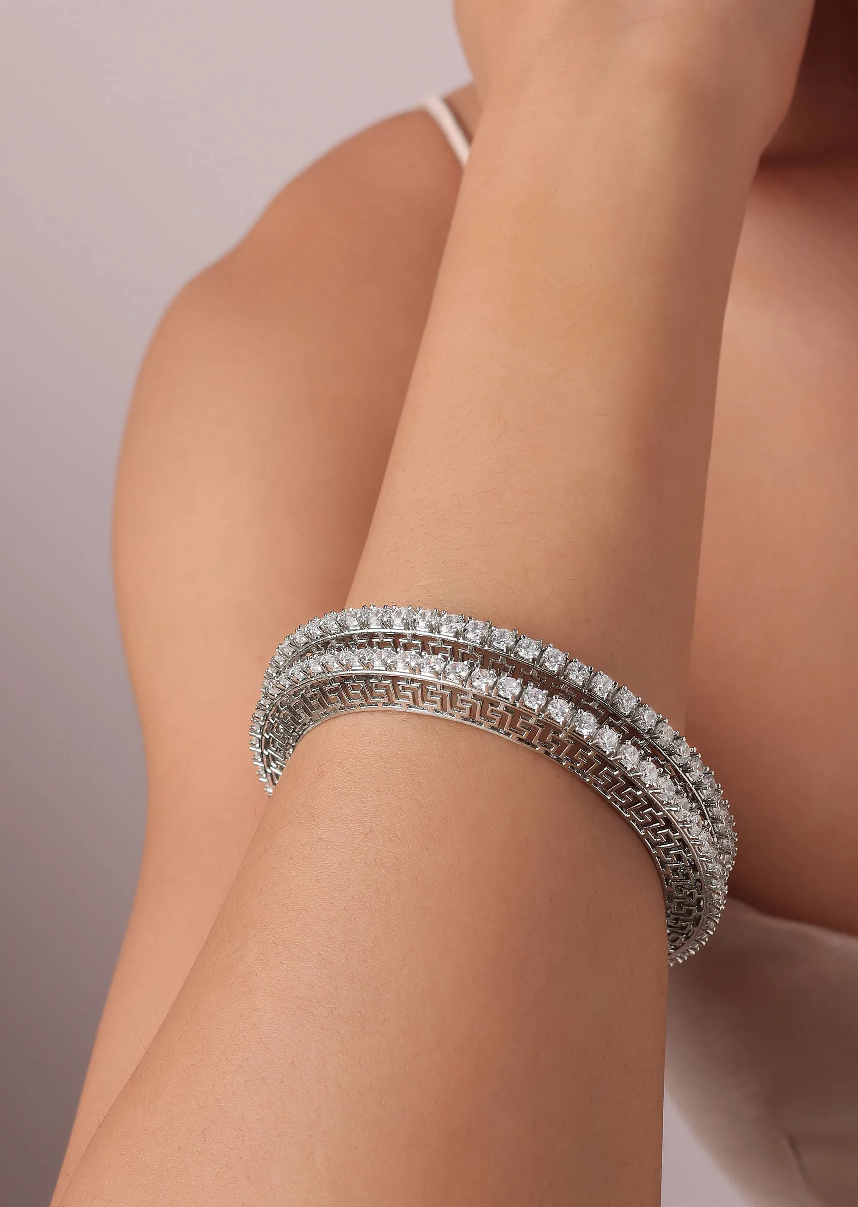 92.5 Sterling Silver Studded Bangles With Zirconia Stones Set of 2