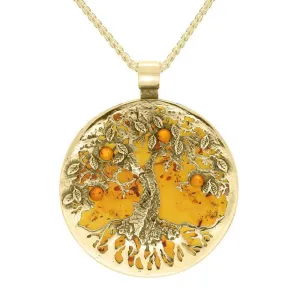 9ct Yellow Gold Amber Large Round Tree Of Life Necklace