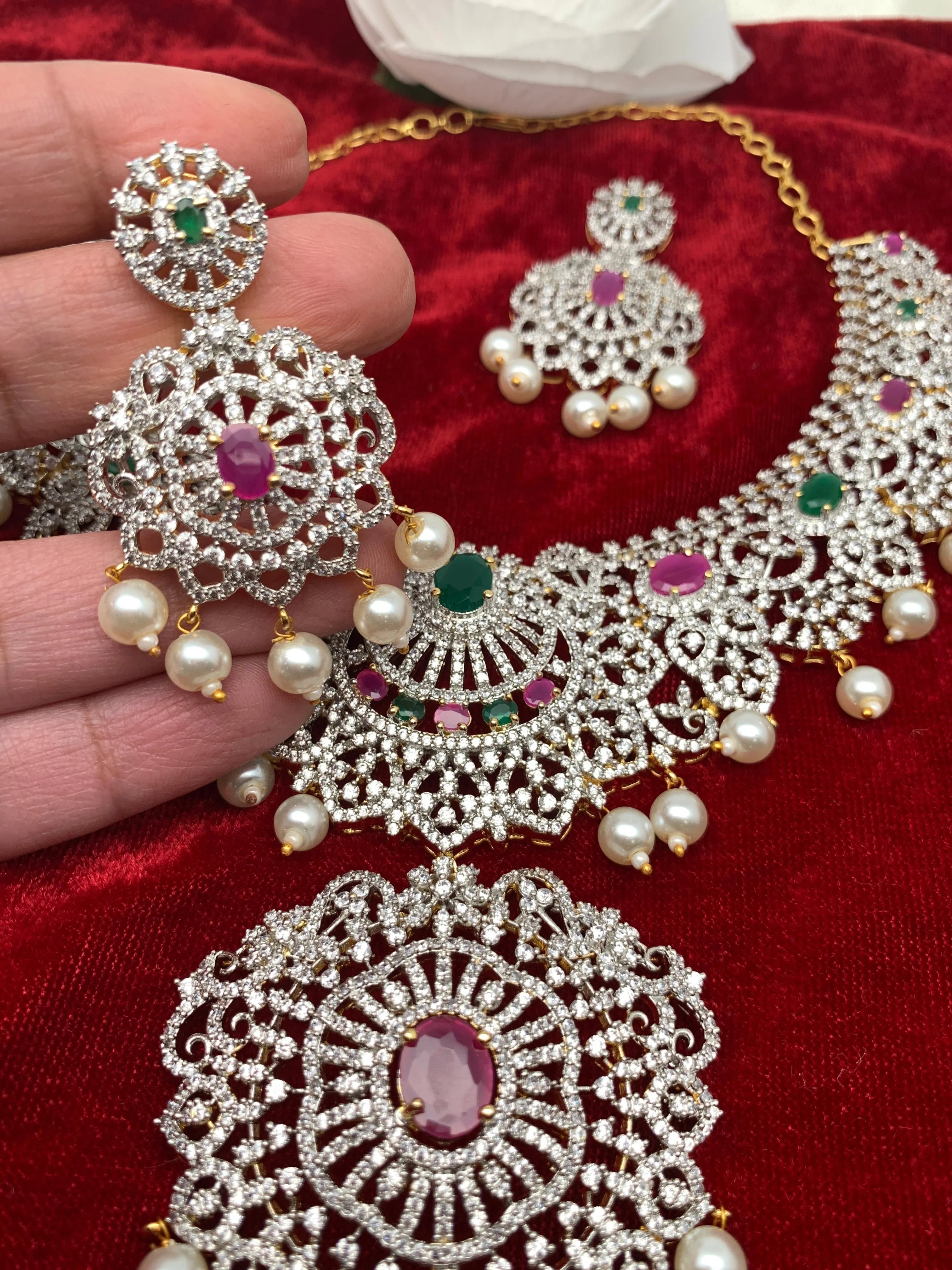 AD Multi Color Stone Ganga Jamuna Polish Neckline Short Necklace