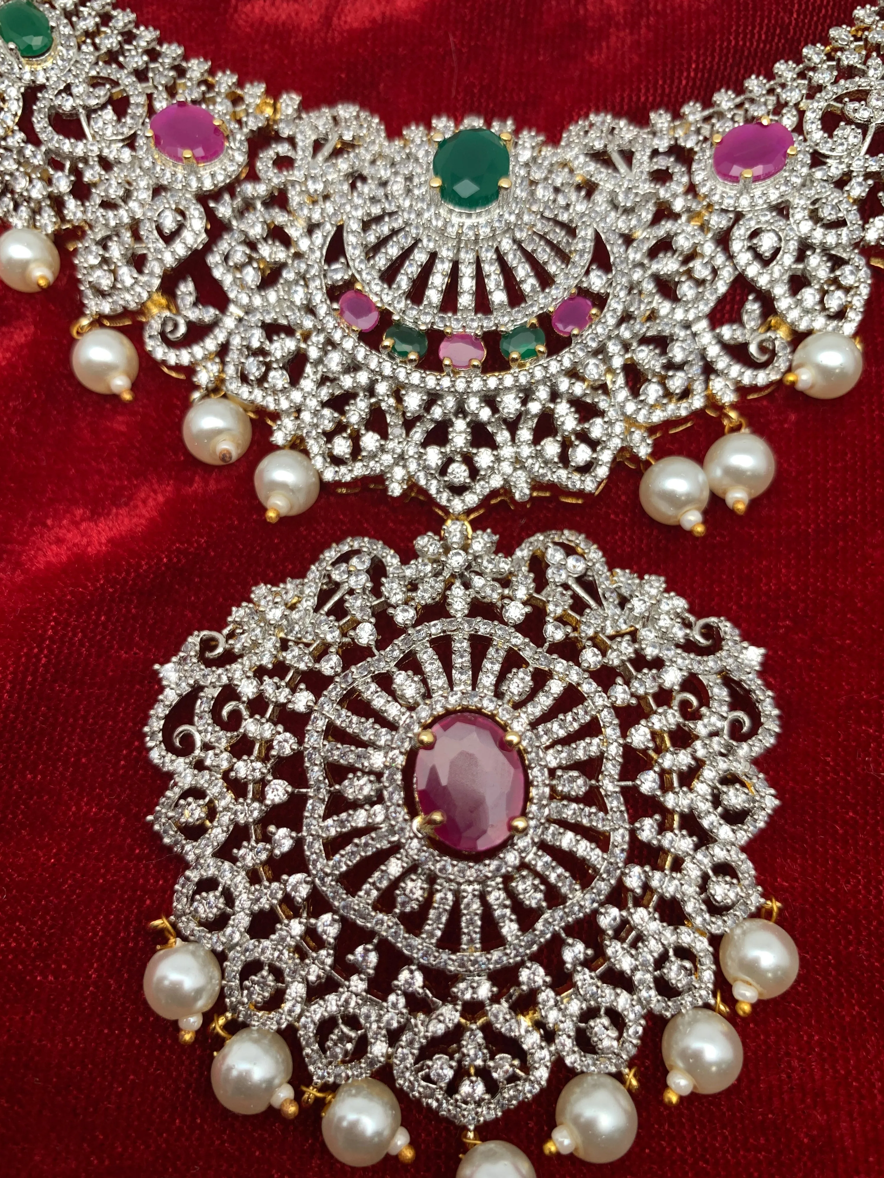 AD Multi Color Stone Ganga Jamuna Polish Neckline Short Necklace