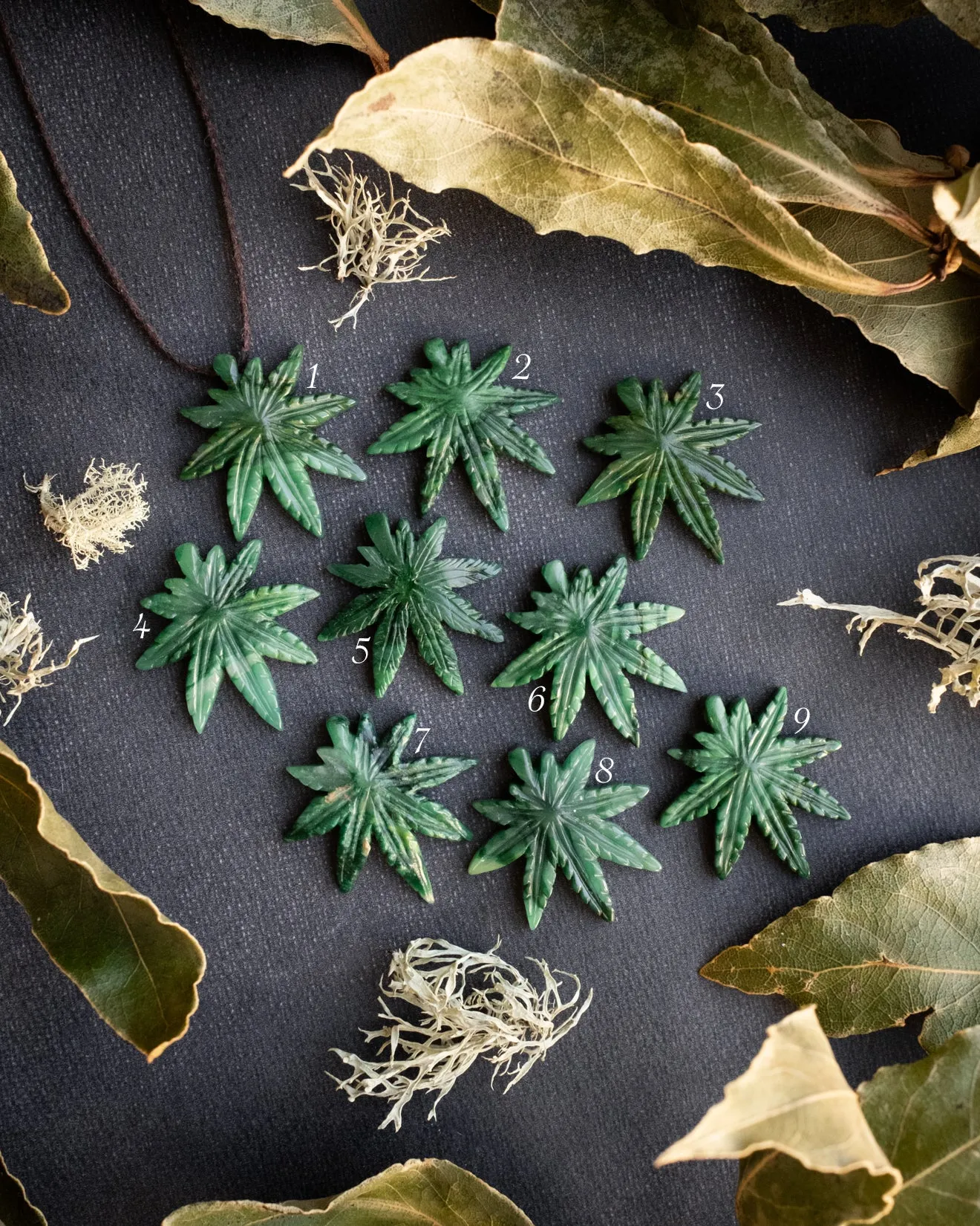 African Jade Hand Carved Hemp Leaf Necklace