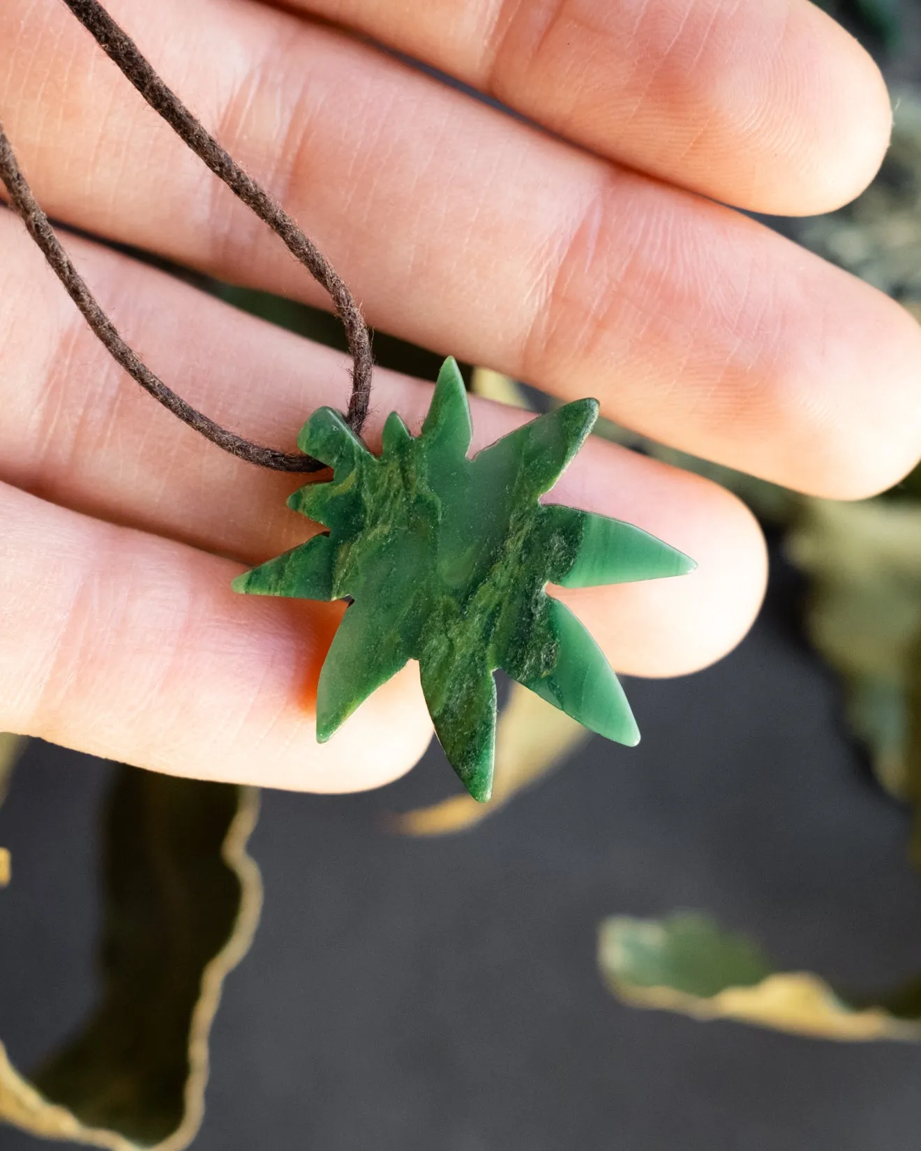 African Jade Hand Carved Hemp Leaf Necklace
