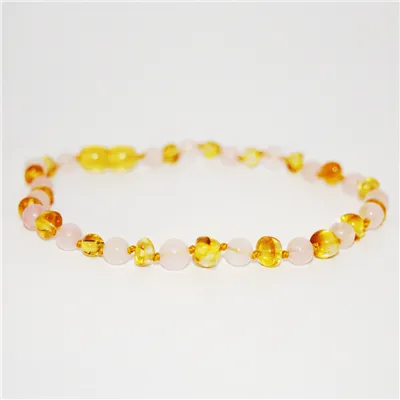 Amber Baltic & Gemstone Necklace in Lemon & Rose Quartz