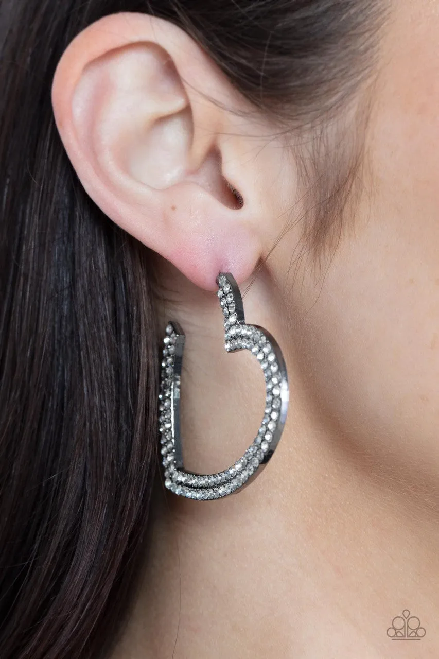 AMORE to Love - Black - White Rhinestone Gunmetal Heart Paparazzi Hoop Earrings