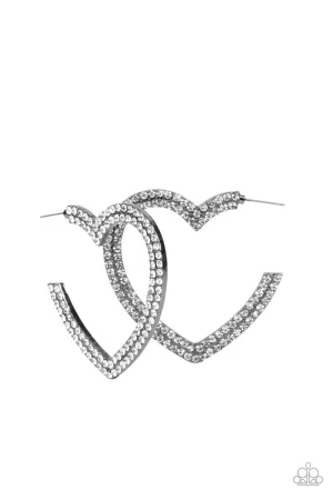AMORE to Love - Black - White Rhinestone Gunmetal Heart Paparazzi Hoop Earrings
