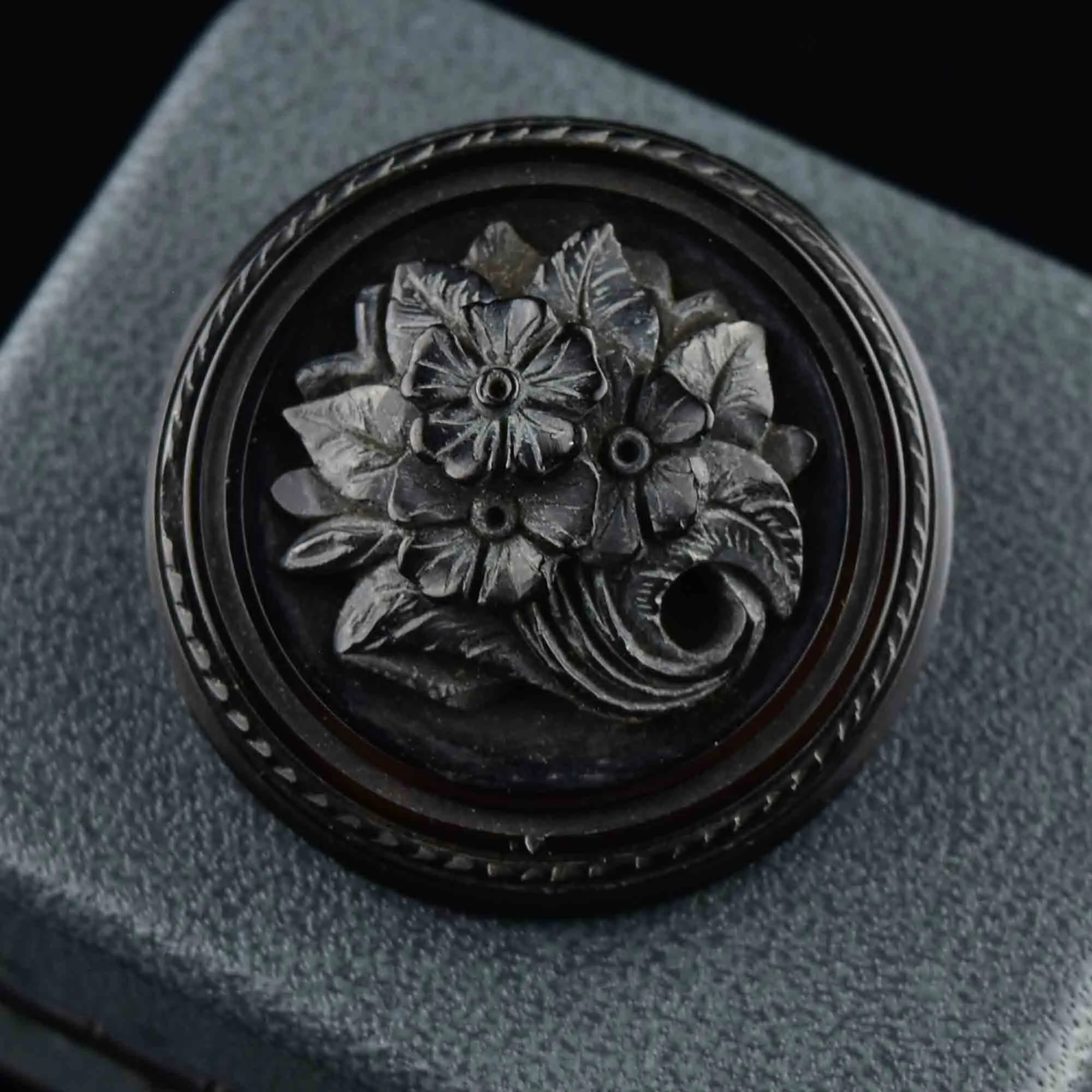 Antique Carved Whitby Jet Forget Me Not Locket Brooch