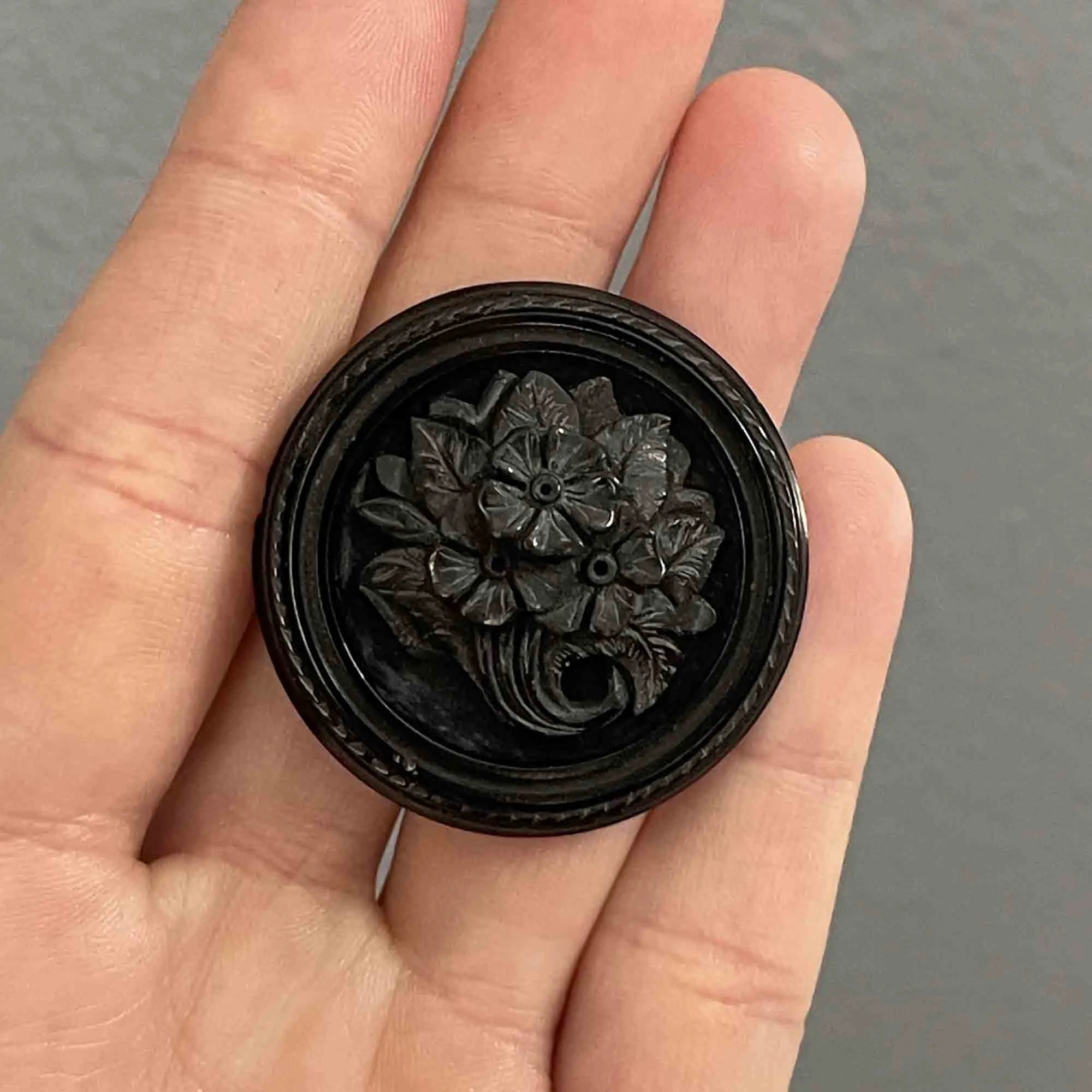 Antique Carved Whitby Jet Forget Me Not Locket Brooch