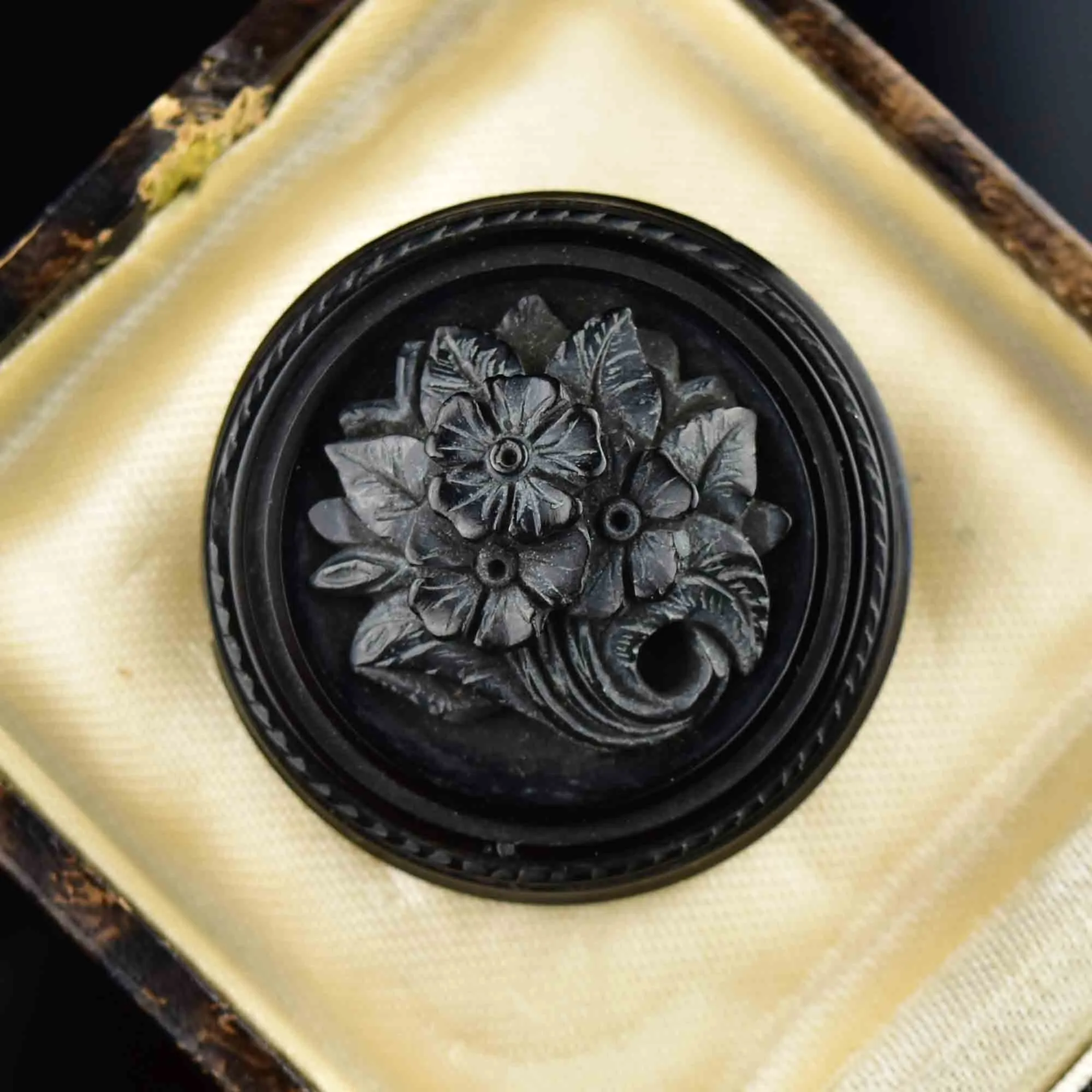 Antique Carved Whitby Jet Forget Me Not Locket Brooch