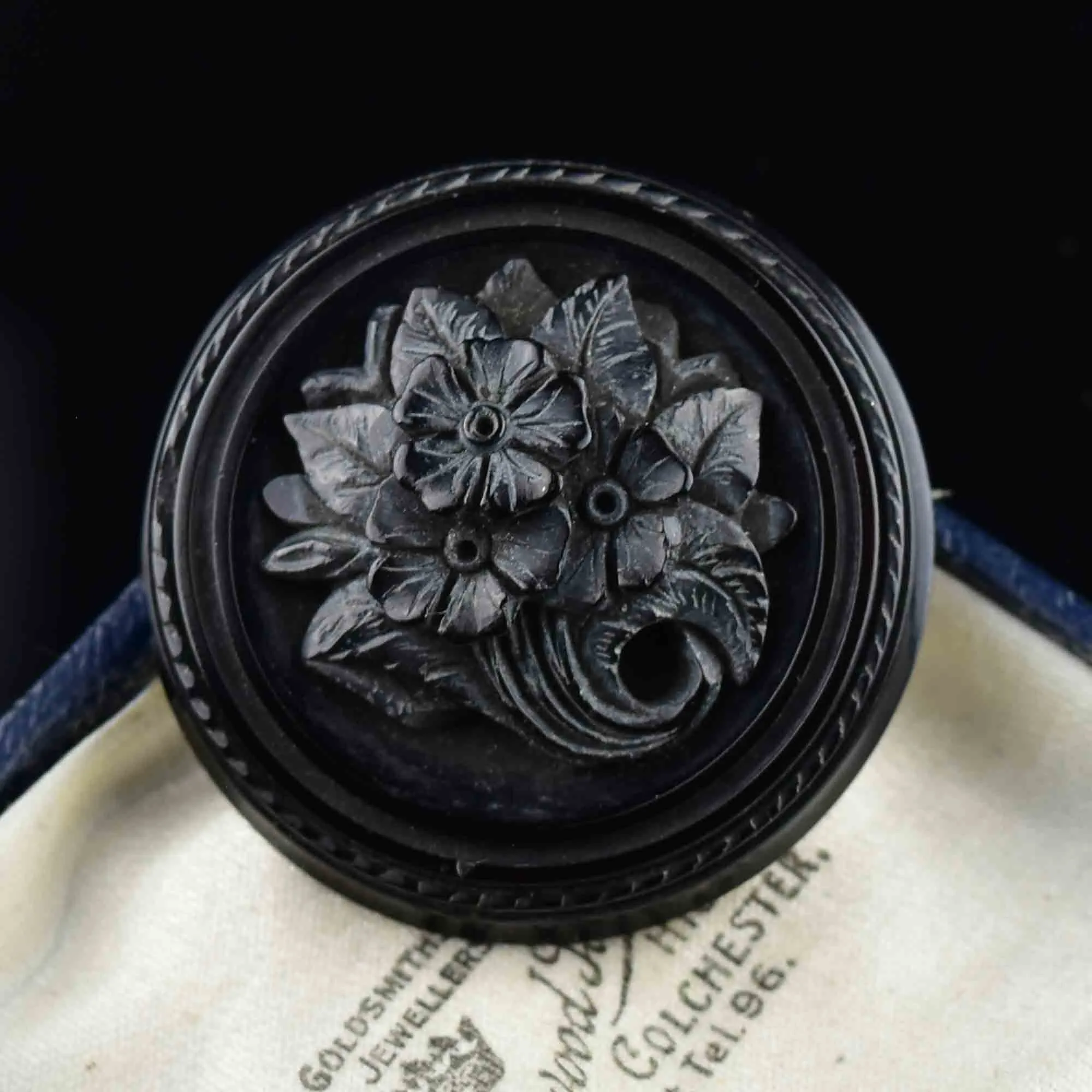 Antique Carved Whitby Jet Forget Me Not Locket Brooch