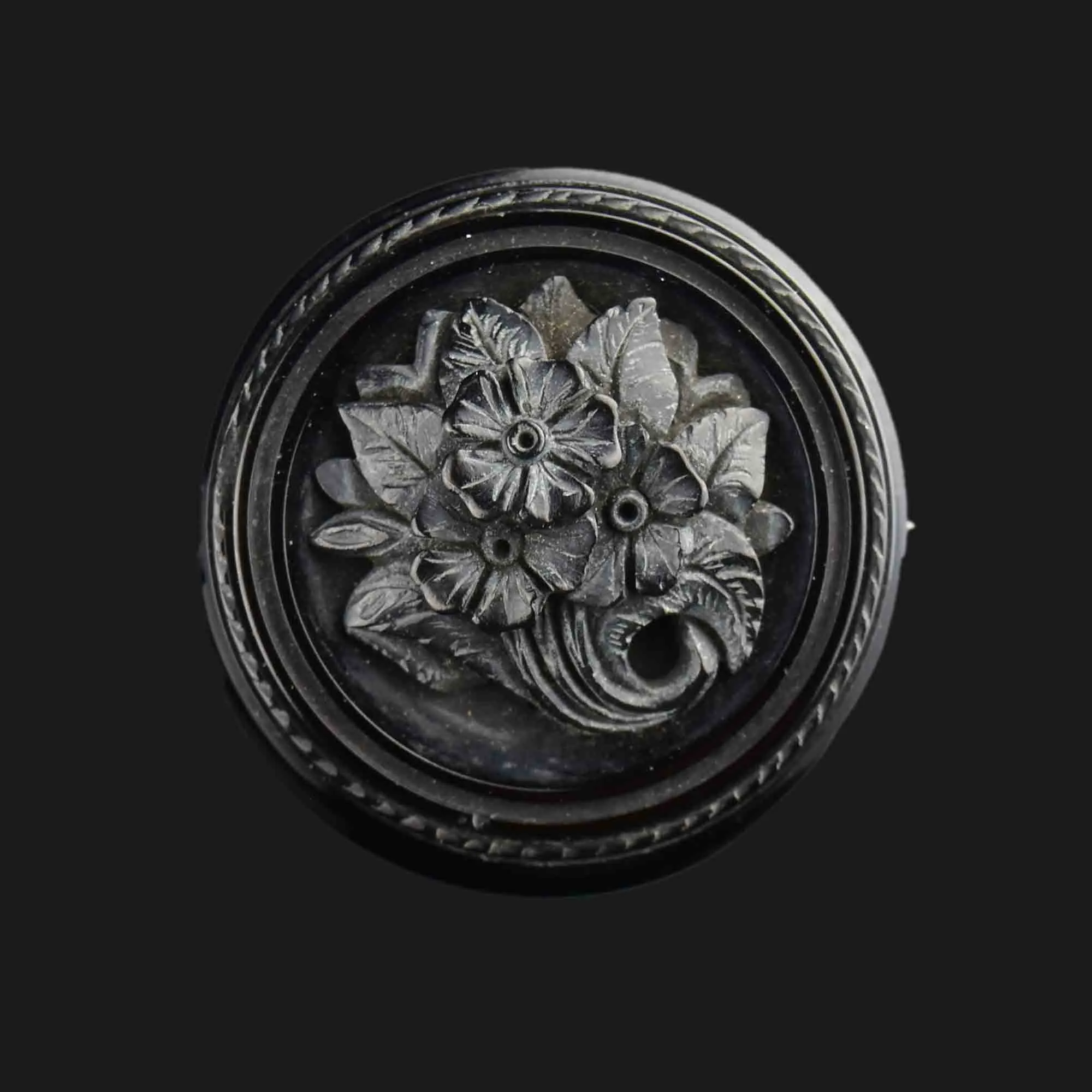 Antique Carved Whitby Jet Forget Me Not Locket Brooch